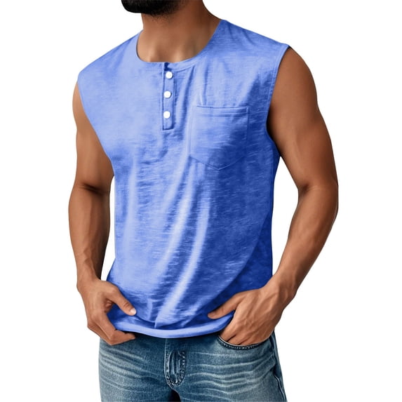 Soft Slub Cotton Sleeveless Henley Shirts for Men Classic 3 Button Placket Chest Pocket Workout Tank Tops