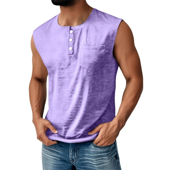 Soft Slub Cotton Sleeveless Henley Shirts for Men Classic 3 Button Placket Chest Pocket Workout Tank Tops