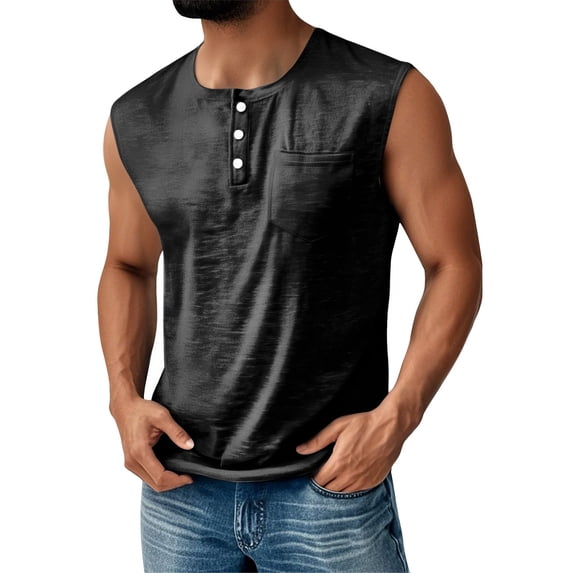 Soft Slub Cotton Sleeveless Henley Shirts for Men Classic 3 Button Placket Chest Pocket Workout Tank Tops