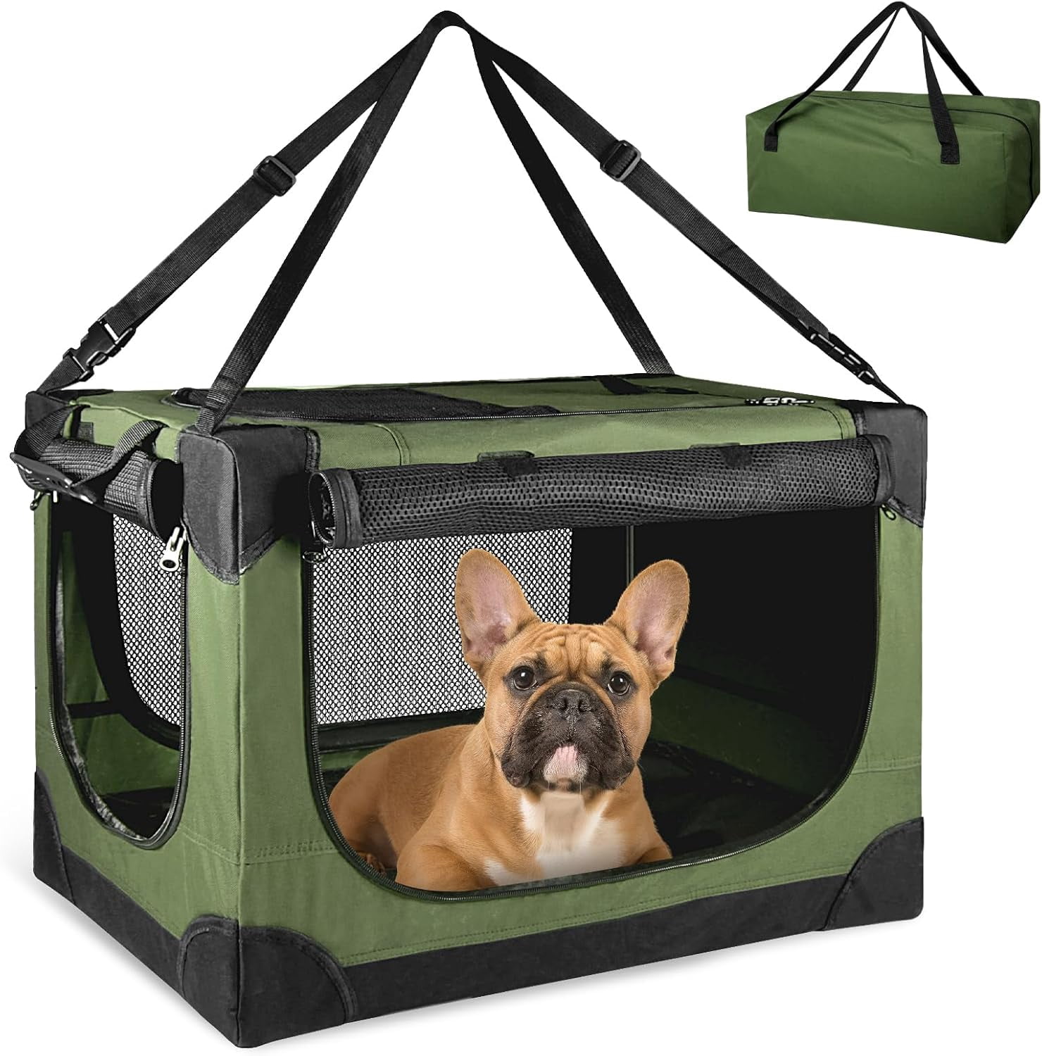 Soft Small Dog Crate - 24 Inch Portable Travel Puppy For Pets Or 2 Cats  Collapsible Pet Carrier With 4 Mesh Doors Car Kennel Dogs Handle Indoor And Outdoor Green