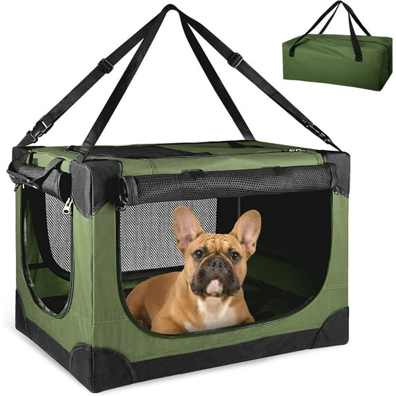 Soft Small Dog Crate - 24 inch Portable Travel Puppy Crate for Small Pets or 2 Cats, Collapsible Pet Carrier with 4 Mesh Doors, Car Kennel for Dogs with Handle for Indoor and Outdoor, Green