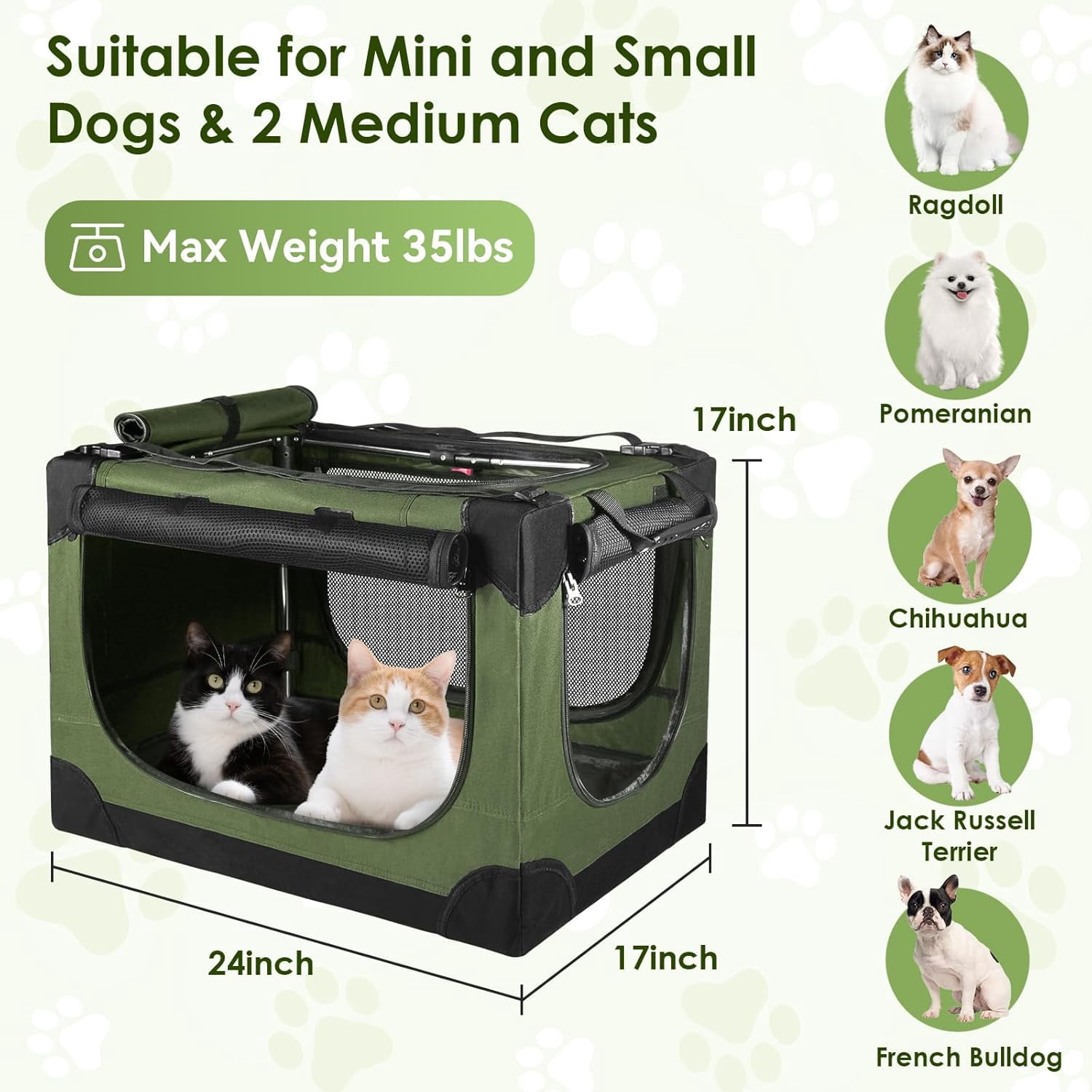 Soft Small Dog Crate - 24 inch Portable Travel Puppy  with 4 Mesh , Collapsible Pet Kennel for Dogs and Cats, Green