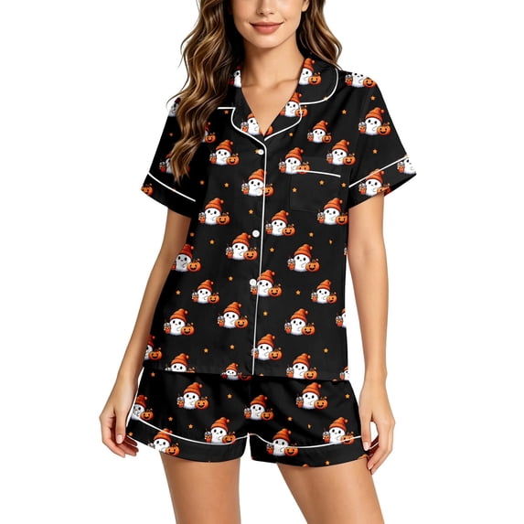Soft Smooth Milk Silk Halloween Pajamas for Women Adorable Pumpkin Ghost Graphic Lapel Short Sleeve Two Piece Set Loose Casual Shorts Loungewear All Season Nightwear