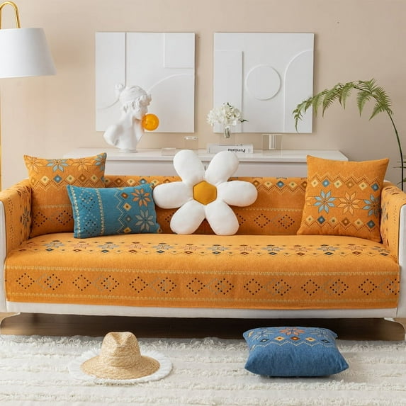 Soft Smooth Thicken Chenille Quilted Sofa Towel Embroidery Anti-slip Sofa Cover Furniture Protector Cover Bay Window Mat (Yellow,90x90cm 1pc)
