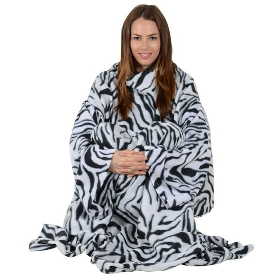 Soft Fleece Wearable Blanket with Sleeves - Plush Cozy Warmth & Comfort - Machine Washable, Lightweight Throw Wrap TV Blanket (Zebra)