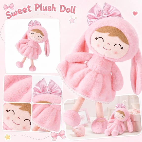 Soft Snuggly Stuffed Companion Doll, First Student Doll, Student Doll for 1 Year Old, Student Girl First Birthday Gift, Toys for 3 Year Old Girl, 12X8 Inch Pink Bunny Themed Plush