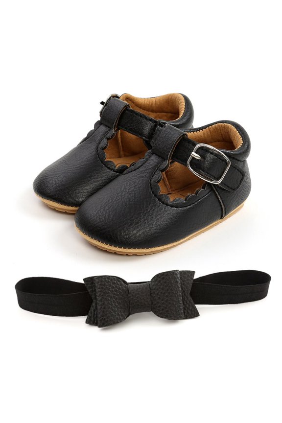 Soft Sole Leather Baby Shoes, Infant Baby Anti-Slip Walking Shoes Moccasinss Rubber Sole Crib Shoes with Headband