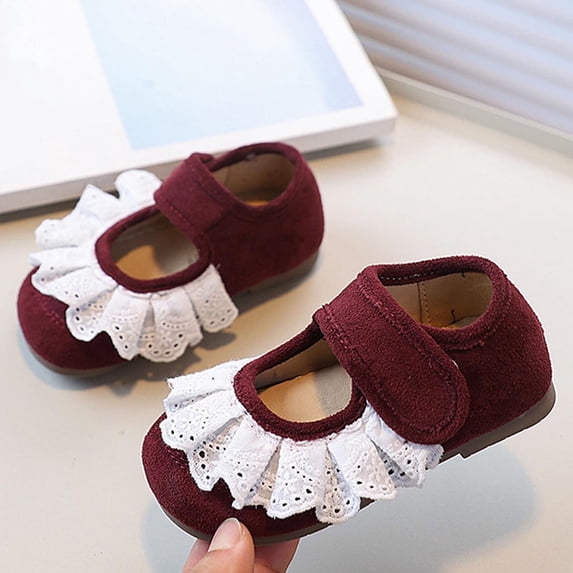 Soft Sole Non-Slip Wine Mary Jane Shoes for Kids Girls Ruffle Lace Kids Shoes Party Wedding First Walker,Size 26