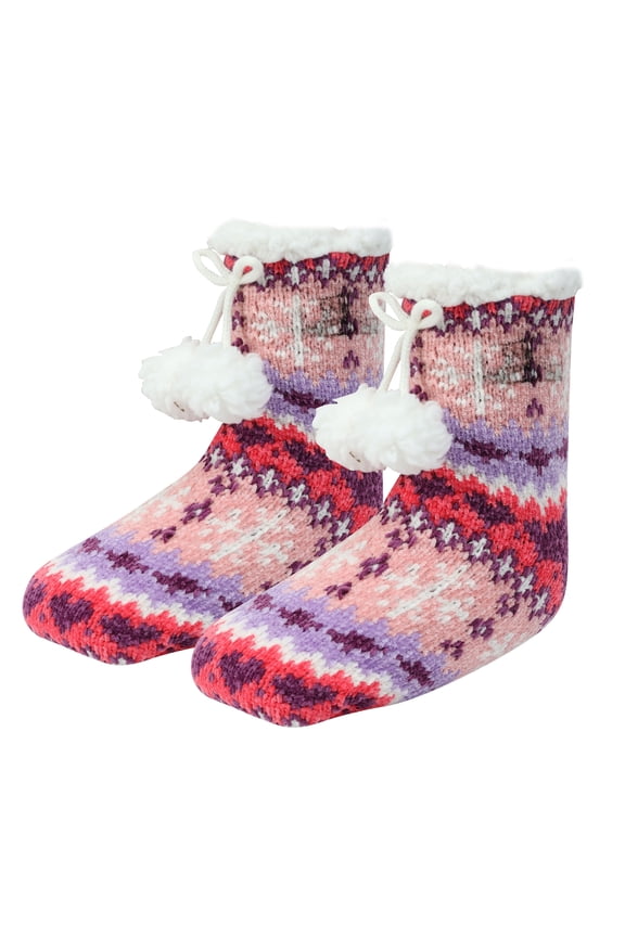 Girls Chenille Yarn Cabin Socks, Soft Sole Sherpa Lined with Silicone Grippers, PINK, M/L