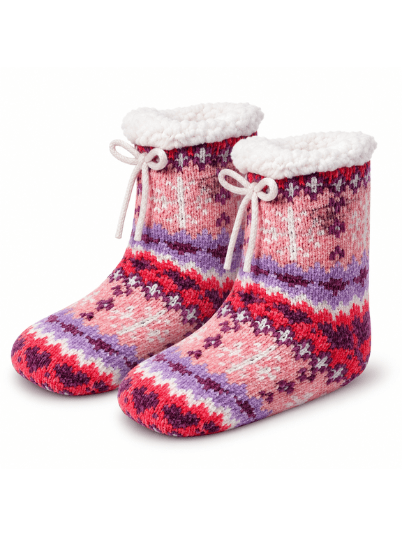 Girls Socks, Chenille Yarn Soft Sole Cabin Kids Crew Socks for Girls with Grippers, Pink, S/M