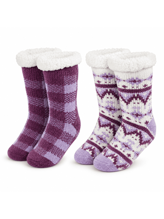 Girls Socks, Chenille Yarn Cabin Kids Crew Socks for Girls with Grippers, Purple, M/L, 2 Pack