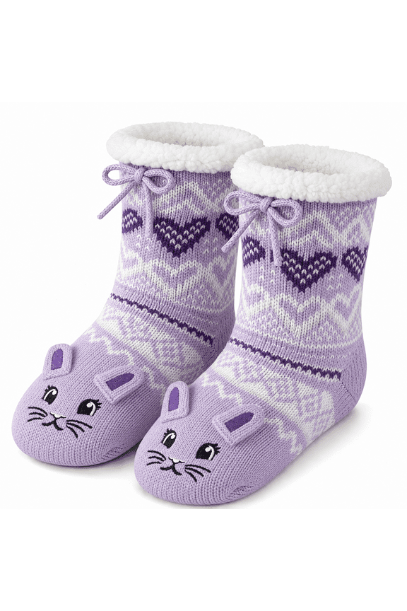 Girls Cabin Socks, Soft Sole Sweater Knit with Non-Slip Silicone Grippers, PURPLE, S/M