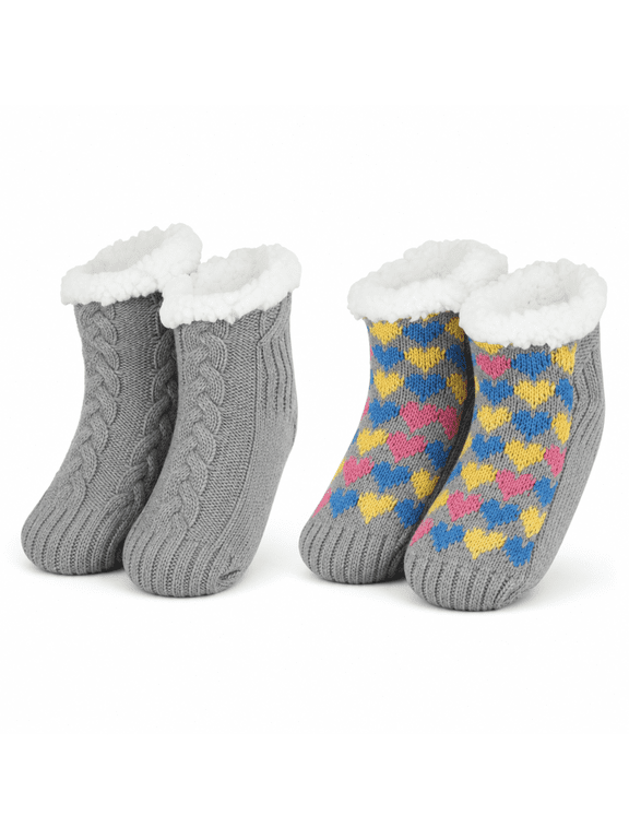 Girls Shortie Cabin Socks, 2 Pack, Soft Sole Sweater Knit with Silicone Grippers, GREY, M/L