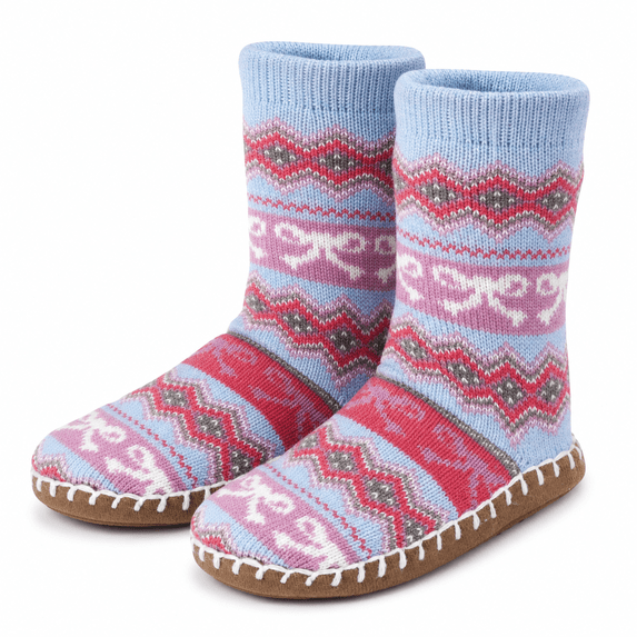 Girls Sweater Knit Slipper Socks, Soft Stitched Sole with Faux Fur Lining, LT BLUE, M/L