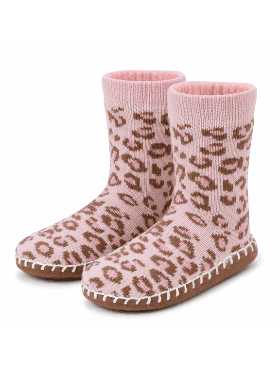 Girls Socks, Sweater Knit Slipper Kids Crew Socks for Girls with Soft Sole, Light Pink, M/L