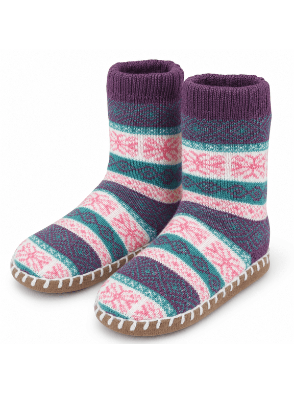 Girls Socks, Sweater Knit Slipper Kids Crew Socks for Girls with Soft Sole, Purple, M/L