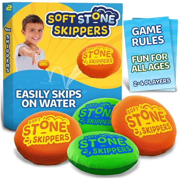 Water Skip Discs - Soft Floating Design for Easy Retrieval - 4pack, 2 Orange and 2 Green Soft Stone Skippers - Pool Lake and Beach Water Game - Refresh Sports