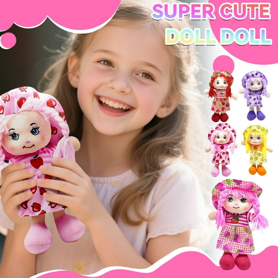 Soft Strawberry Pattern Rag Doll for Girls, Plush Stuffed Toy with Red Yarn Hair, Cute Gift, Washable, Safe Material, 9.84 Inch Tall Plush Doll, E