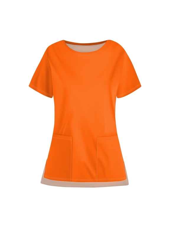 Soft Stretch Round Neck Scrub Top for Women – Lightweight Comfortable Top with Convenient Pocket Design Orange 3XL