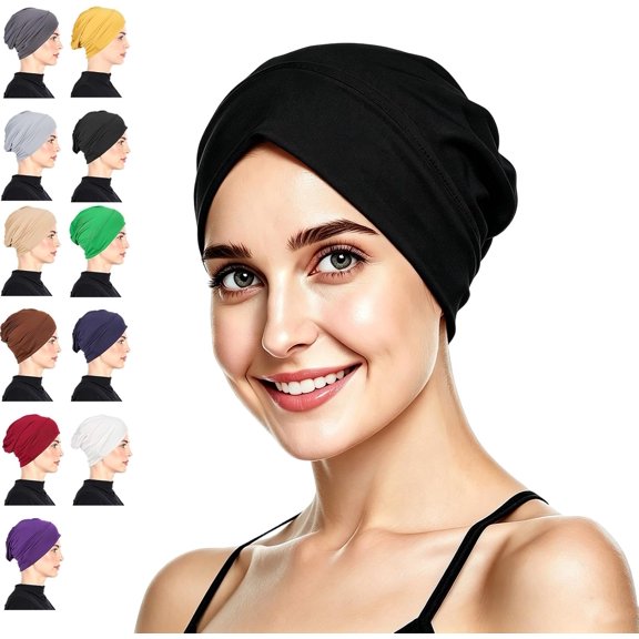 Soft Stretch Turban Cap for Women,Breathable Thin Cooling Skull Caps,Anti-Slip Fit,Hair Volume Concealer,Suitable for running(black)