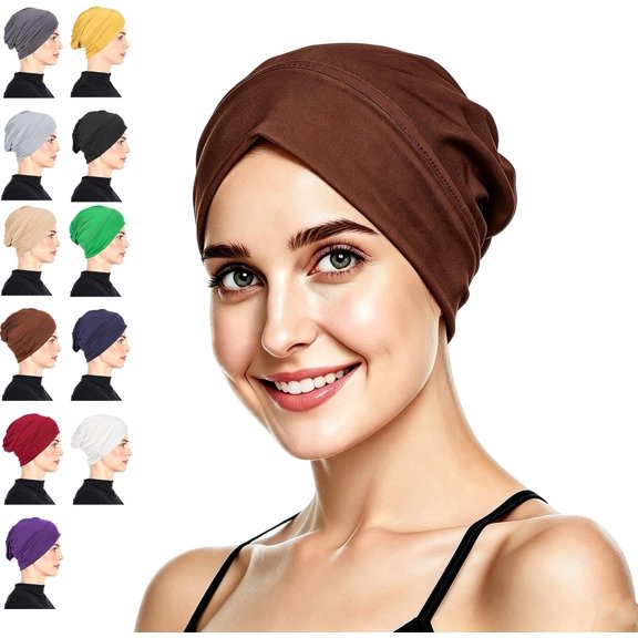 Soft Stretch Turban Cap for Women,Breathable Thin Cooling Skull Caps,Anti-Slip Fit,Hair Volume Concealer,Suitable for running(coffee Brown)