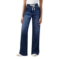 thumbnail image 1 of Soft Stretch Wide Leg Denim Trousers for Women Mid Rise Drawstring Tie Waist Relaxed Full Length Jeans, 1 of 6
