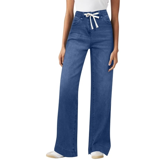 Soft Stretch Wide Leg Denim Trousers for Women Mid Rise Drawstring Tie Waist Relaxed Full Length Jeans