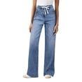 thumbnail image 1 of Soft Stretch Wide Leg Denim Trousers for Women Mid Rise Drawstring Tie Waist Relaxed Full Length Jeans, 1 of 6