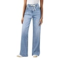 thumbnail image 1 of Soft Stretch Wide Leg Denim Trousers for Women Mid Rise Drawstring Tie Waist Relaxed Full Length Jeans, 1 of 6