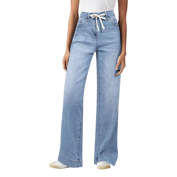 Soft Stretch Wide Leg Denim Trousers for Women Mid Rise Drawstring Tie Waist Relaxed Full Length Jeans