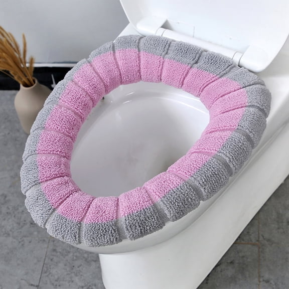 Soft Stretchable Washable Thicker Cloth Winter Toilet Seat Cover, Knitted O-Ring Design With Thick Plush For Warmth In Cold Winter, Gray & Pink 1Pc Home Bathroom Use