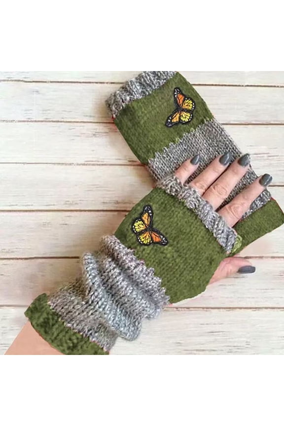 Soft Stretchy Knit Fingerless Mitts Cute Cat Face Winter Warm Gloves for Ladies Green One Size