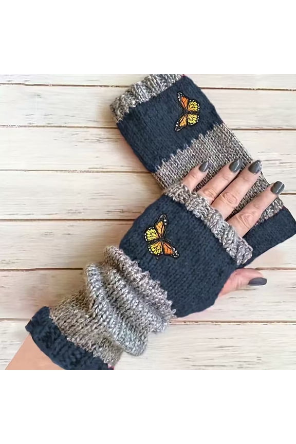 Soft Stretchy Knit Fingerless Mitts Cute Cat Face Winter Warm Gloves for Ladies Navy One Size