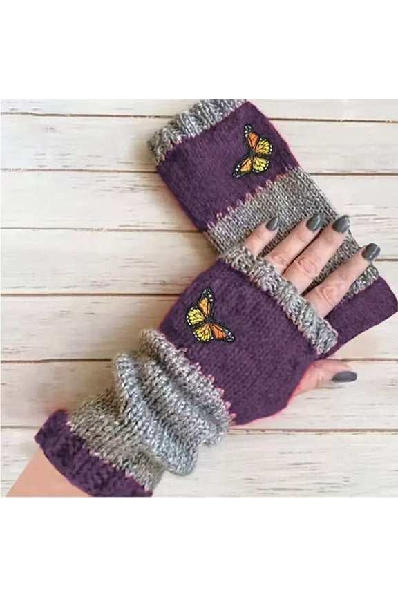 Soft Stretchy Knit Fingerless Mitts Cute Cat Face Winter Warm Gloves for Ladies Purple One Size