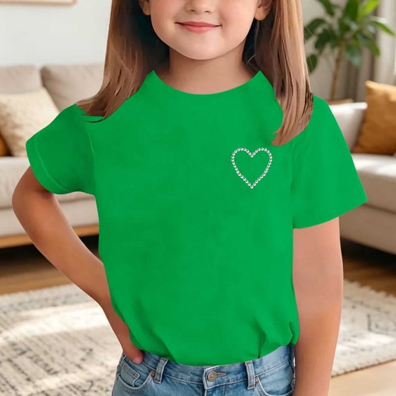 Soft Stretchy Little Girls Army Green Sequin Heart Sparkle Rhinestone Glitter Short Sleeve Crew Neck T-Shirt Ages 2-12 Polyester Spandex,Size 2-3T