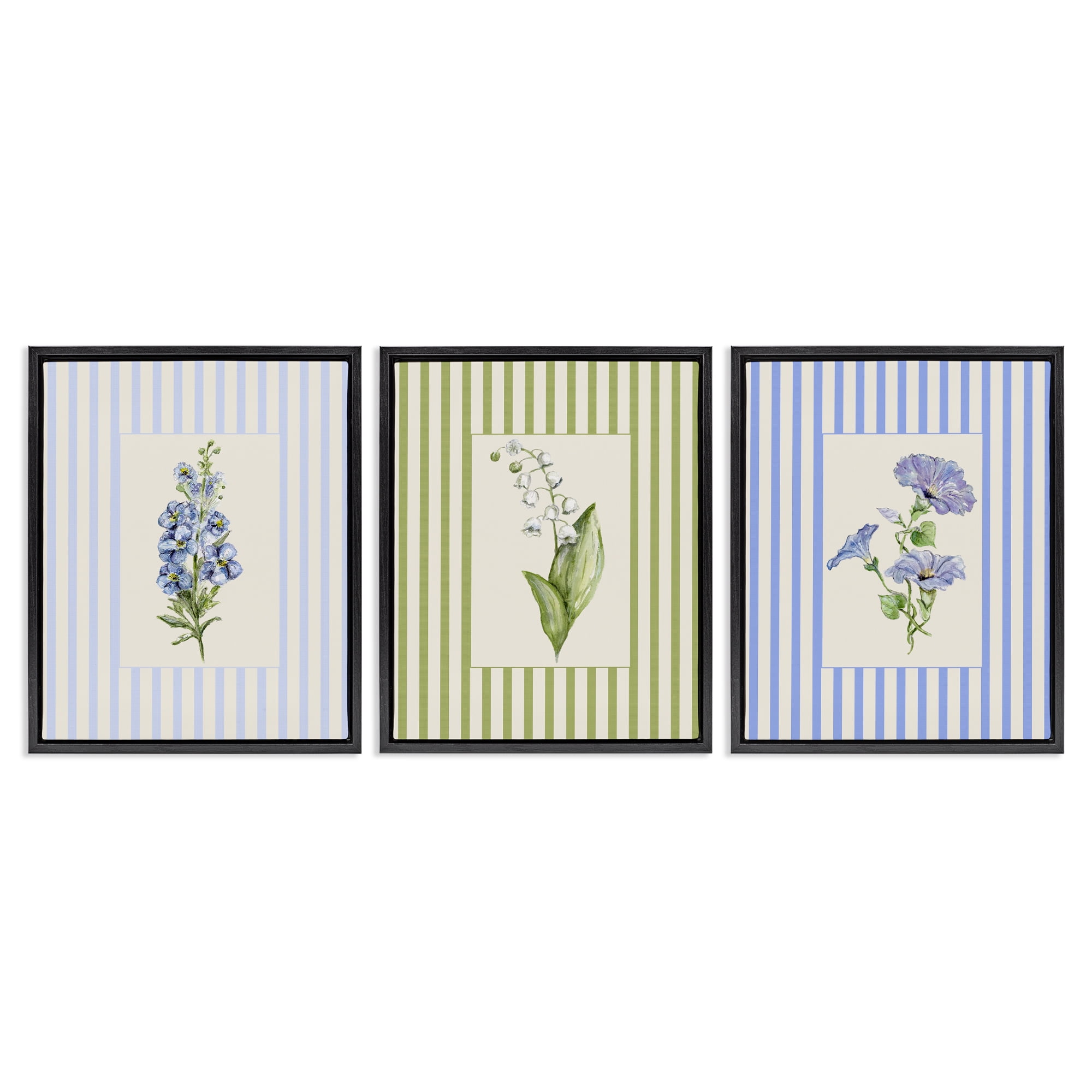 Soft Stripe Cottage Blooms 3 Piece Black Framed Floater Canvas Set, design by Lisa Wehmeyer