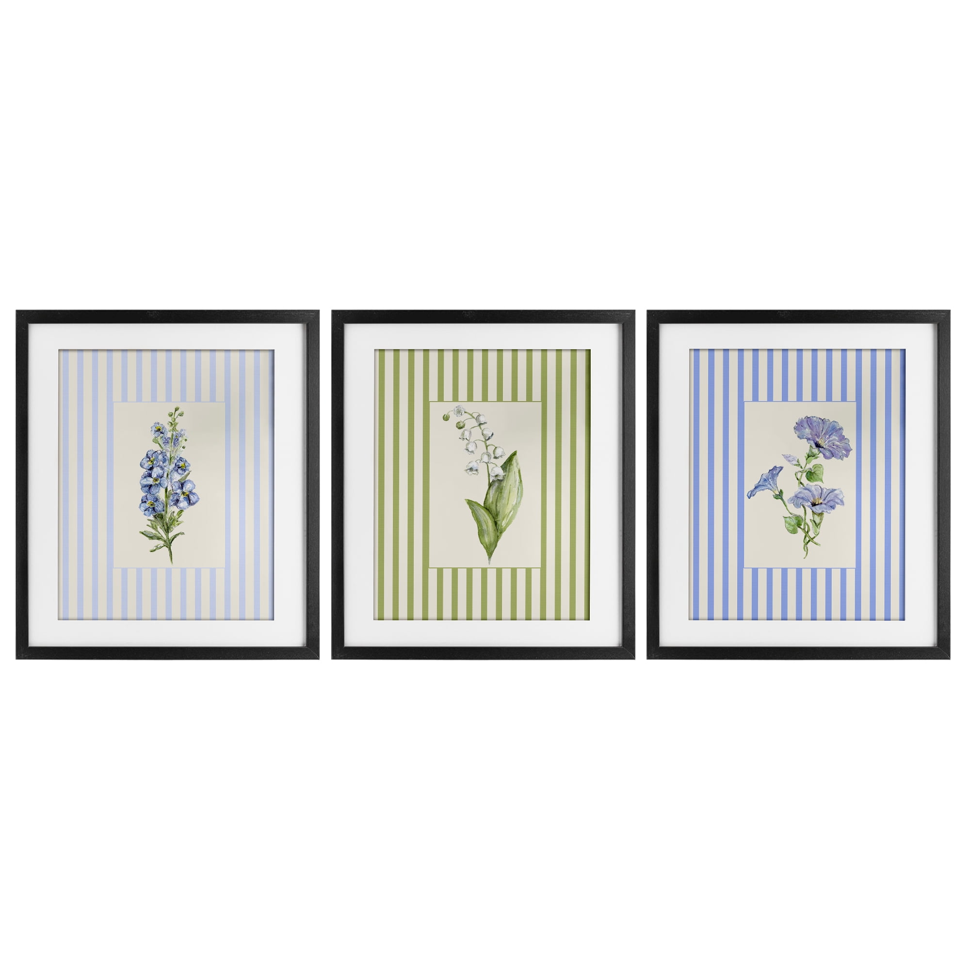 Soft Stripe Cottage Blooms 3 Piece Black Framed Print Under Glass Set, design by Lisa Wehmeyer