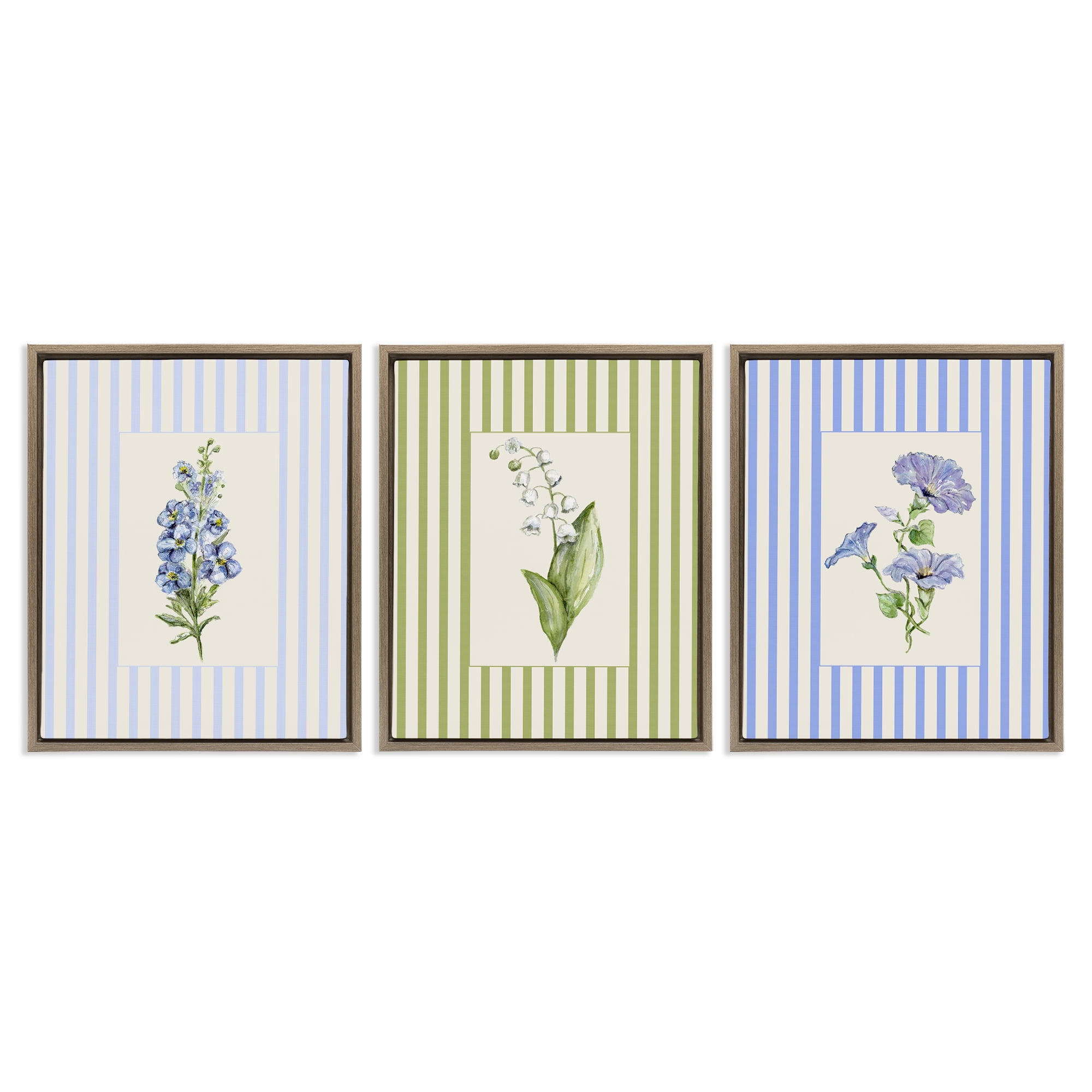 Soft Stripe Cottage Blooms 3 Piece Brown Framed Floater Canvas Set, design by Lisa Wehmeyer