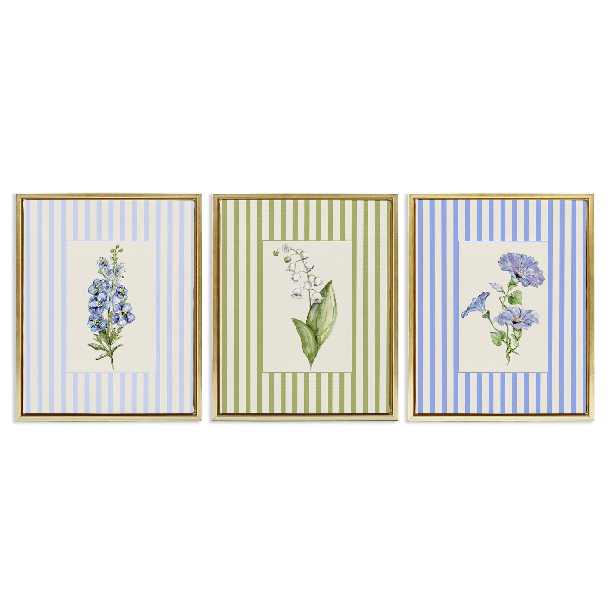 Soft Stripe Cottage Blooms 3 Piece Gold Framed Floater Canvas Set, design by Lisa Wehmeyer