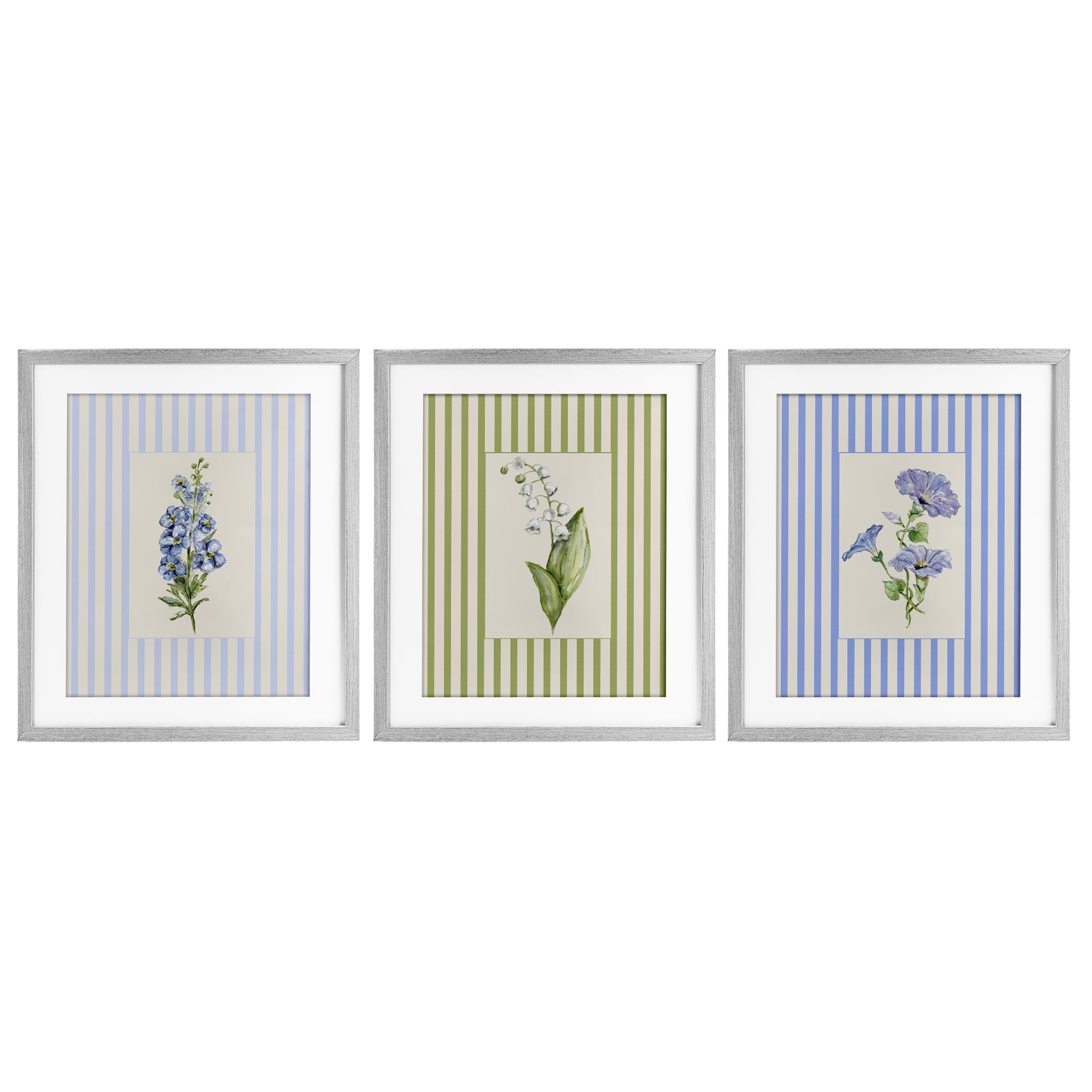Soft Stripe Cottage Blooms 3 Piece Gray Framed Print Under Glass Set, design by Lisa Wehmeyer