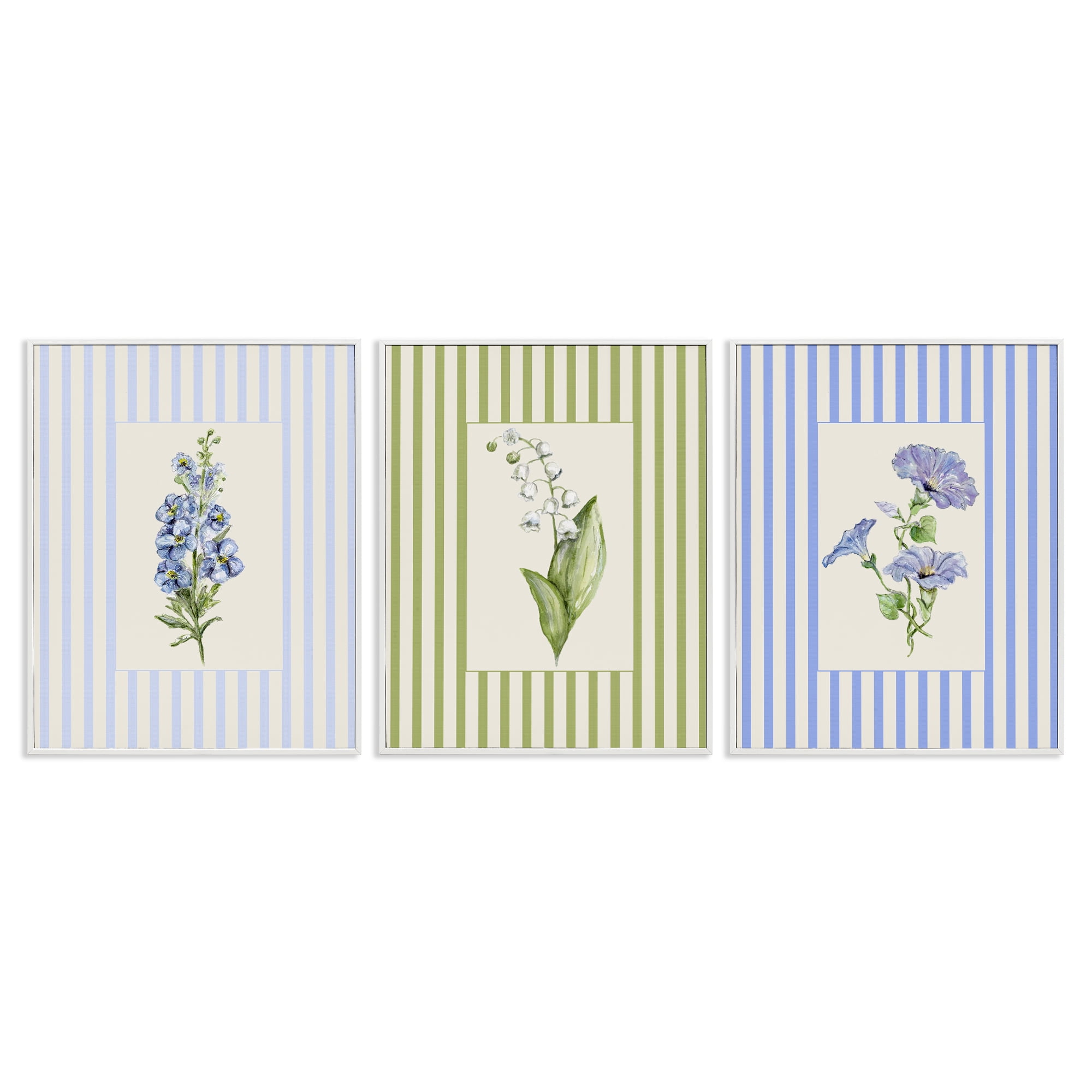 Soft Stripe Cottage Blooms 3 Piece White Framed Giclee Art Set, design by Lisa Wehmeyer