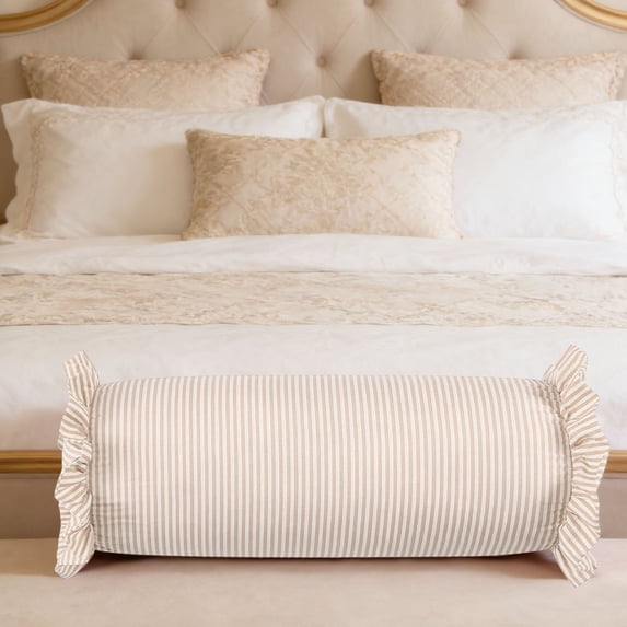 Soft Striped Bolster Pillow, Ruffled Cylinder Throw Pillow Neck Roll Cushion for Couch Sofa Bed Decor