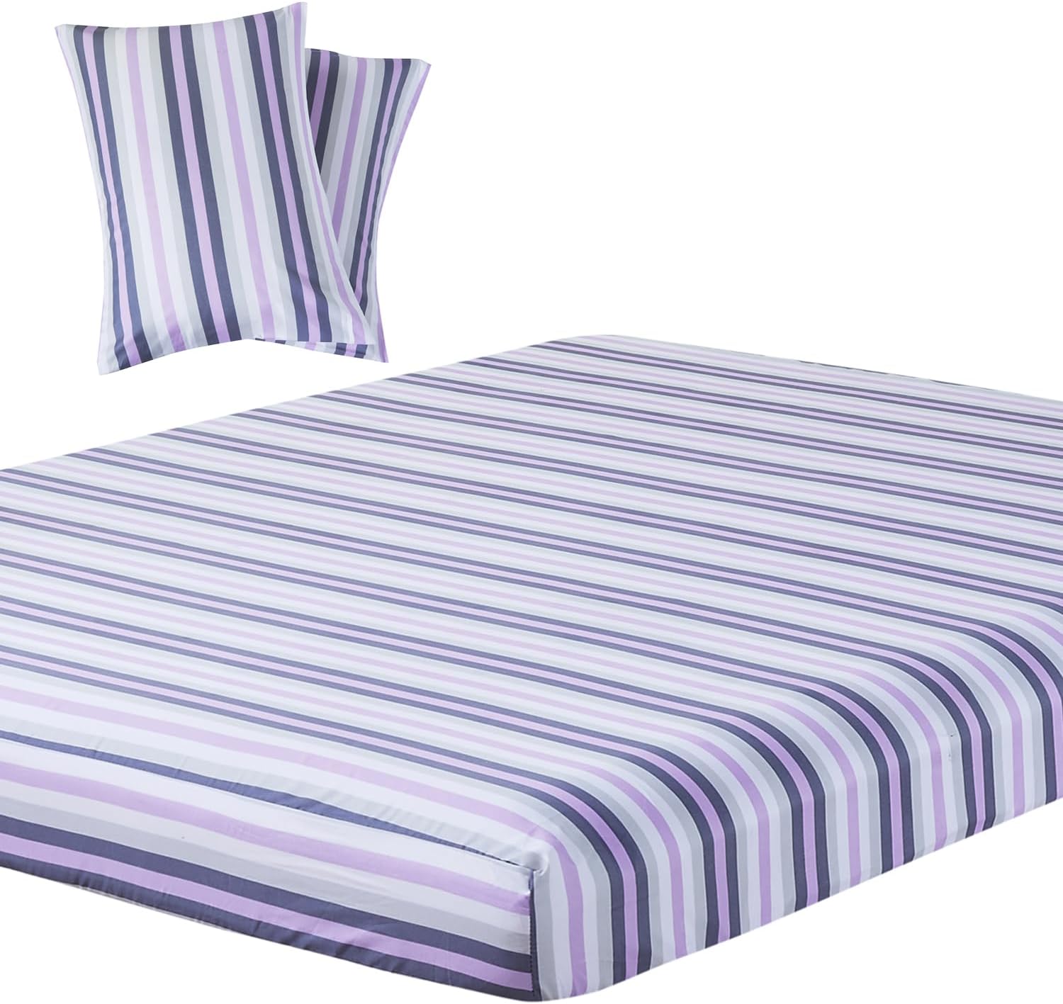 Soft Striped Fitted Sheets Set, Breathable, Deep Pocket, Modern Design