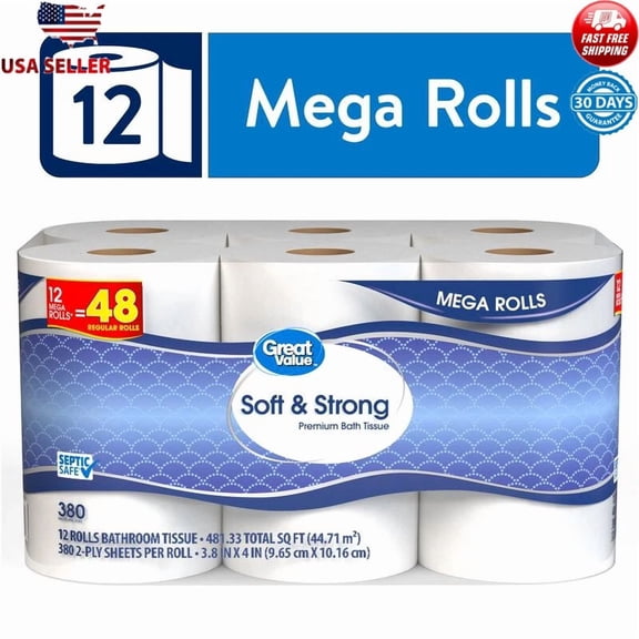 Soft Strong 2-Ply Toilet Paper Mega Roll 12 Count Septic Safe Absorbent Domestic