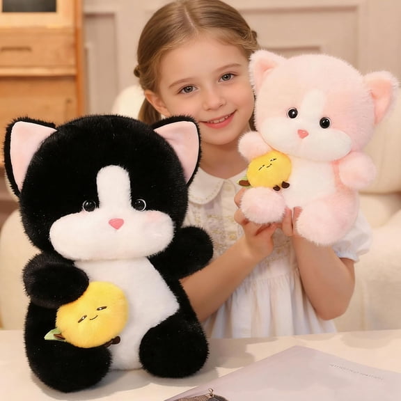 Soft Stuffed Animal Cat Plush Toy, Cute Cat Plushie for Girls Kids, Kawaii Kitten Cuddle Buddy with Persimmon Holiday Gifts(Black,45cm)
