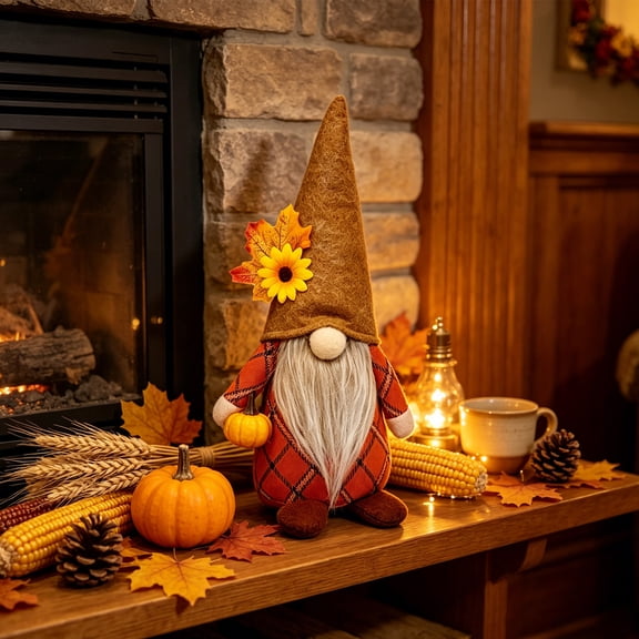 Soft Stuffed Gnome with Sunflower Hat, Plaid Outfit, Holding Mini Pumpkin, Faceless Dwarf for Kitchen Table, Fireplace Shelf, Thanksgiving Party Decor, Lazyguy
