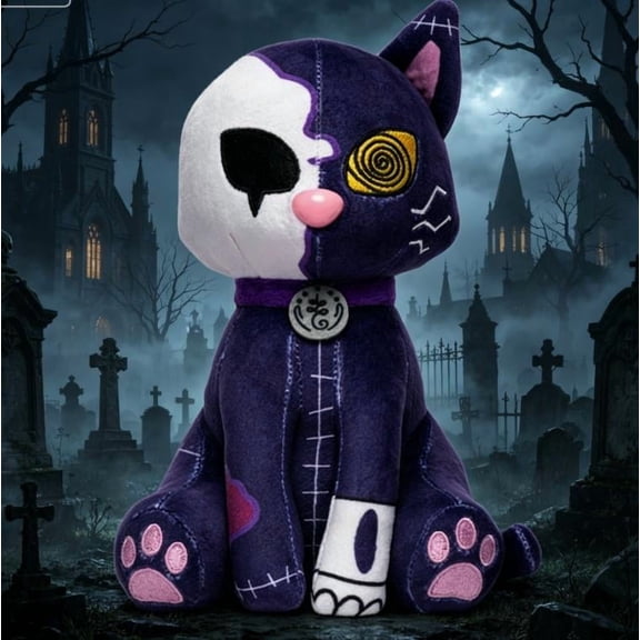 Soft Stuffed Raven Plushie, 7.87In Split Face Gothic Zombie Cat, Full PP Cotton Interior, Multi-purpose Plush Toy for Summerween Halloween Decor & Presents
