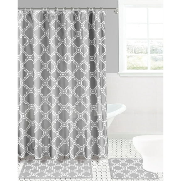 Soft & Stylish Chenille Rug, Mat Decor Bathroom set Kate Grey Design Washable non slip includes 15pc :2 bath rug/mat + 1 shower curtain + 12pc rings