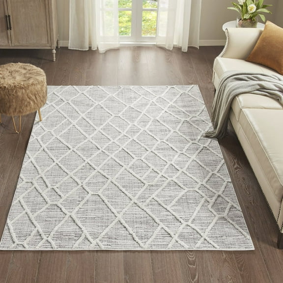 Soft And Stylish Pebble Indoor Area Rug, Machine Woven Geometric Pattern, Medium Pile, Transparent Sprayed Latex Reverse For Secure Fit, Suited High-traffic Areas, Easy To Clean, 5x7, Gray Cream