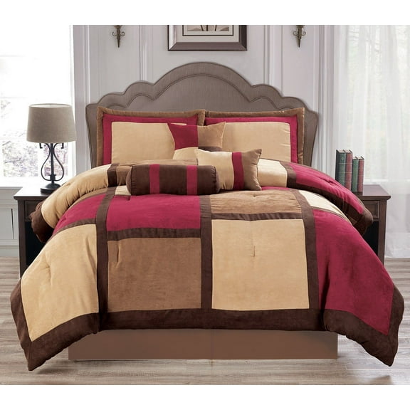 Soft Suede Burgundy & Taupe Bentley 7 Piece Comforter Set - Full Size